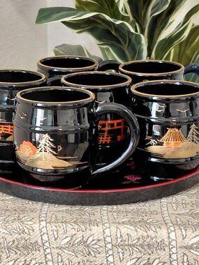 Vintage Midcentury Japanese Black Lacquer Cups and Tray